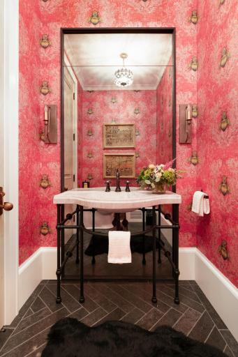 Powder room with gorgeous "Bee" wallpaper and "vintage" sink design.