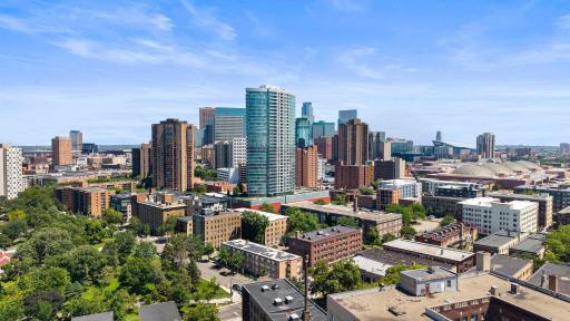 Aerial view highlighting how close the building sits to downtown Minneapolis