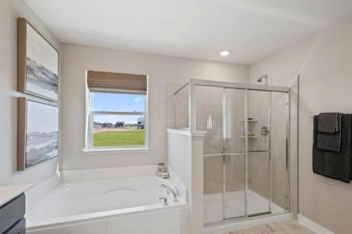 In this reverse view you can see the soaking tub and generously sized walk-in shower. Photo of model home, colors and finishes may vary.