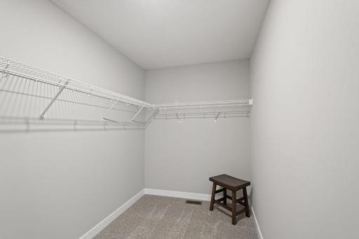 Primary bedroom with walk in closet. Photo of model home, colors and finishes may vary.