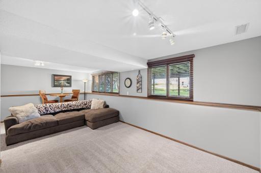 Large windows bring in natural light, making this lower-level living space feel bright and welcoming.