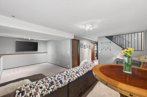 The spacious lower-level family room is the perfect place to relax, entertain, or enjoy movie nights.