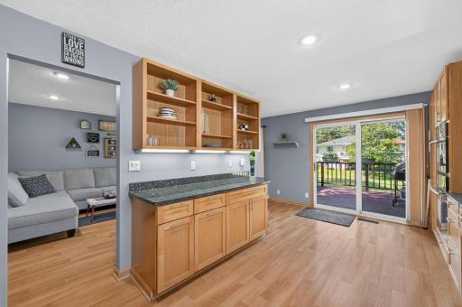 Open shelving adds both charm and extra storage for everyday essentials.