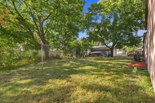 Backyard. Mature shade trees over open lawn.