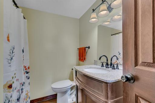 Lower level 3/4 bathroom with LVP flooring.