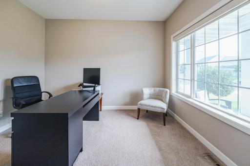 The main floor office has a French doors and lies just off the entry. The window treatment is a beautiful Hunter Douglas.