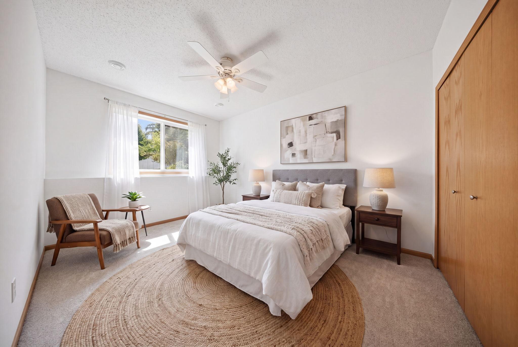 Lower level bedroom, virtually staged.