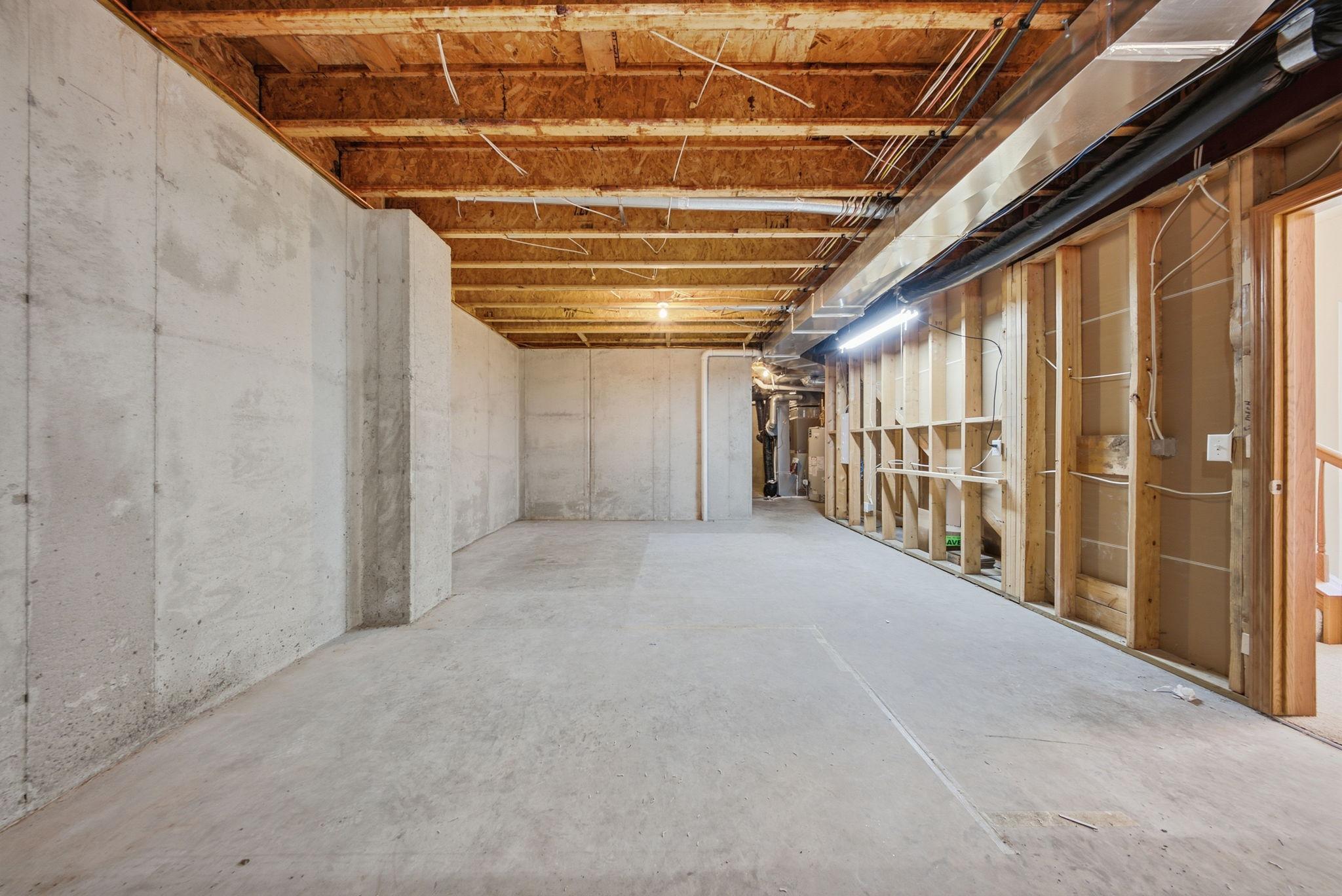 Lower level unfinished space with utilities.