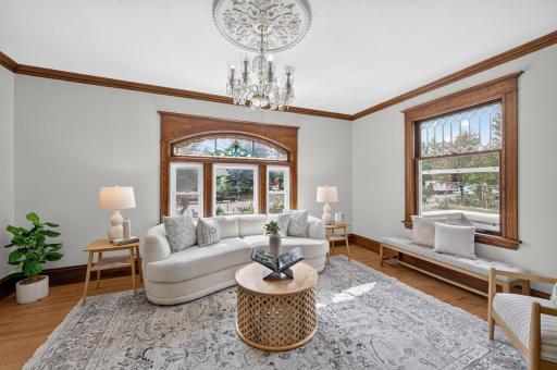 Look up! A beautiful chandelier and decorative ceiling medallion add even more character