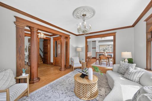 Gorgeous original woodwork connects the homeâs living spaces
