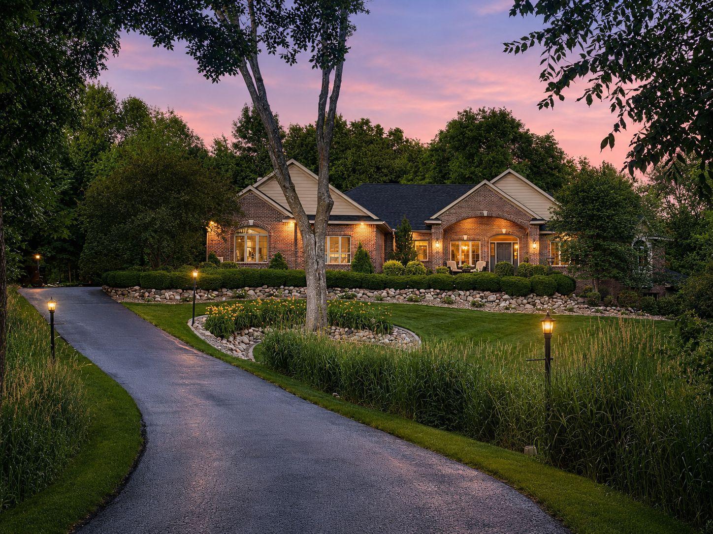 Welcome to this exceptional Corcoran acreage home, approached by a private winding drive between landscaped ponds and mature trees. Photo AI-enhanced for lighting and presentation; property features remain unchanged.