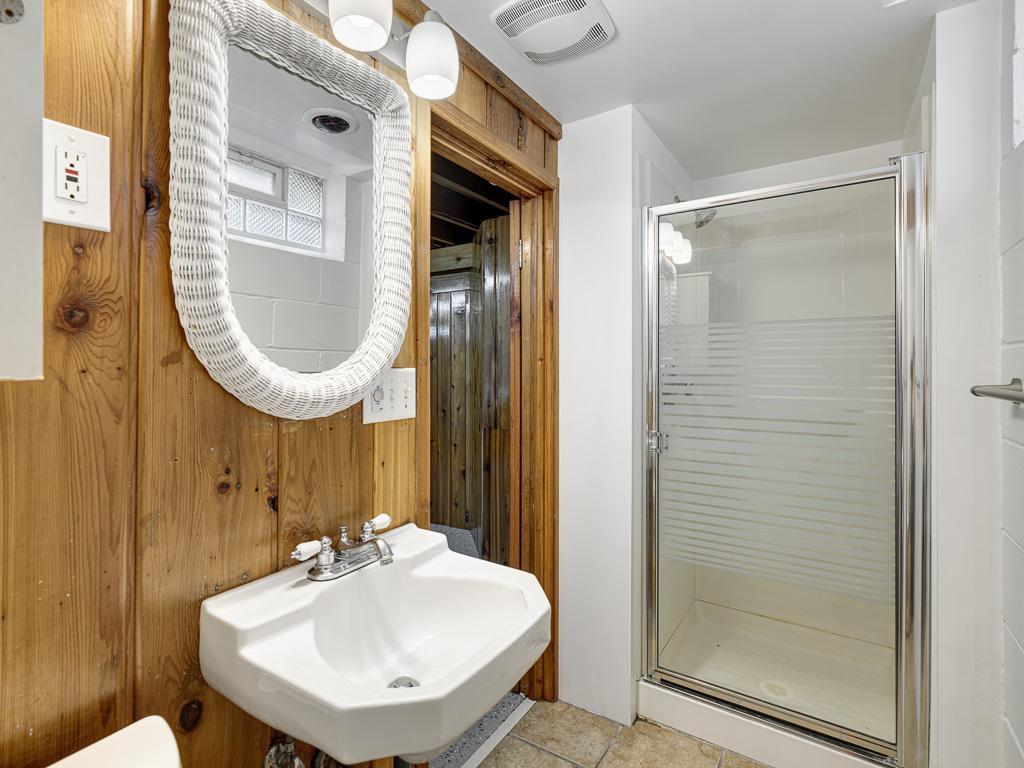 The second bathroom is on the lower level with a convenient step-in shower.