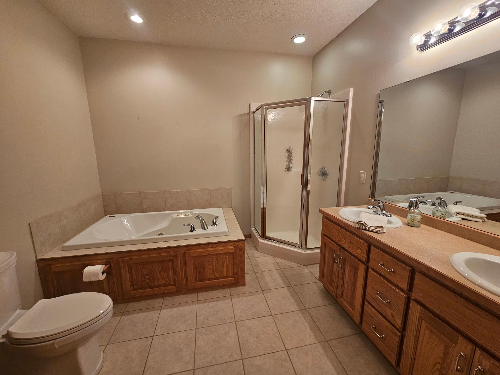 Primary bathroom with separate shower, jetted tub and dual sinks.