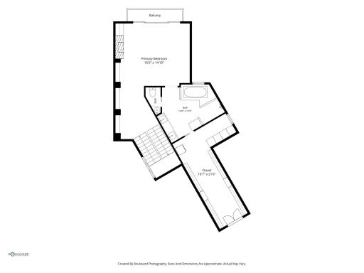 Upper level primary bedroom, bath, and walk-in closet floorplan