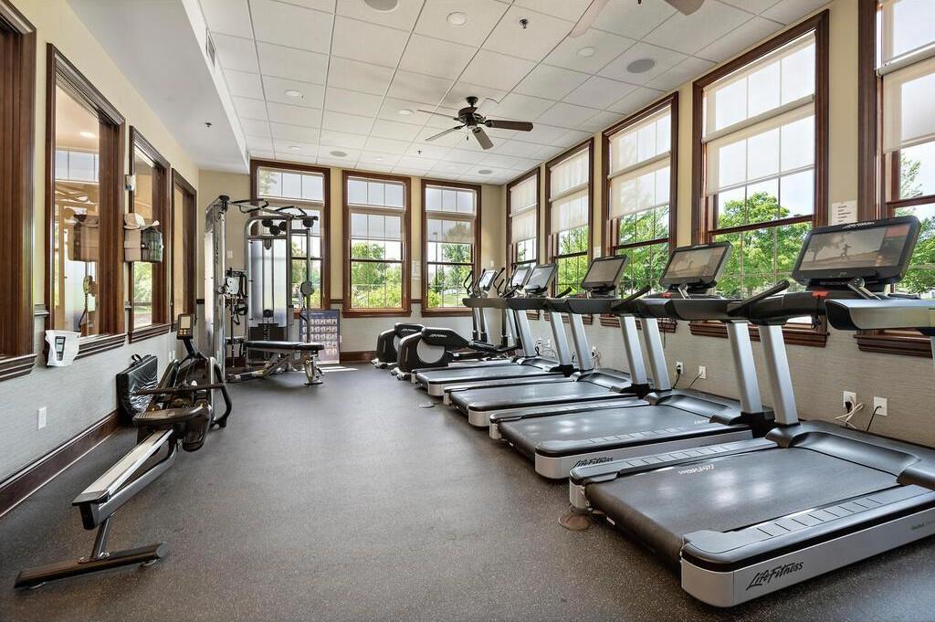 FitnessFully equipped fitness center with cardio machines, strength equipment, and dedicated spaces for stretching and wellness. Center