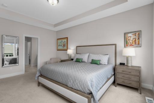 Main floor primary bedroom with vaulted ceilings, walk in closet and private bathroom with walk in shower.