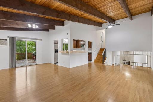 Upper level living area including the living room, dining room and kitchen.