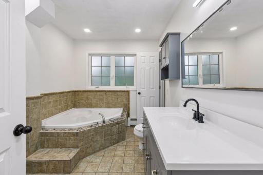 Jacuzzi tub and a separate walk-in tiled shower.