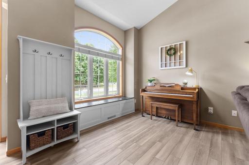 Built in window seat offers additional storage area