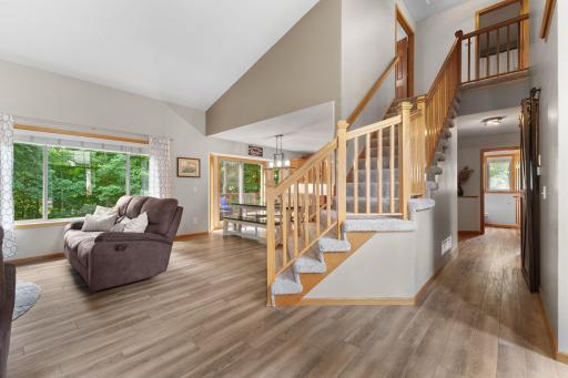 Stylish staircase with has new carpet and upgraded pad that will make your feet smile