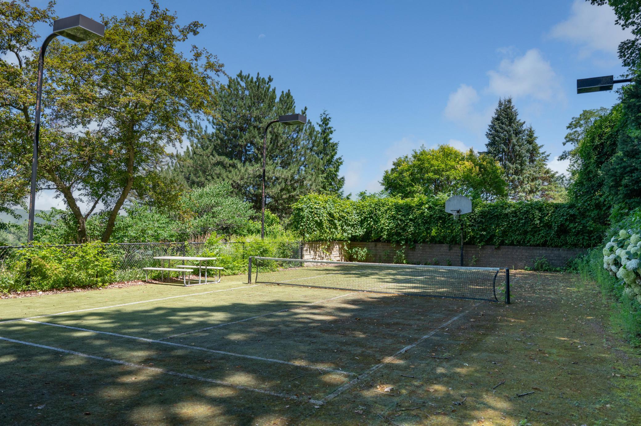 A synthetic turf pickleball court sits high up the hillside and features lighting to make this a space perfect for playing and outdoor activities.