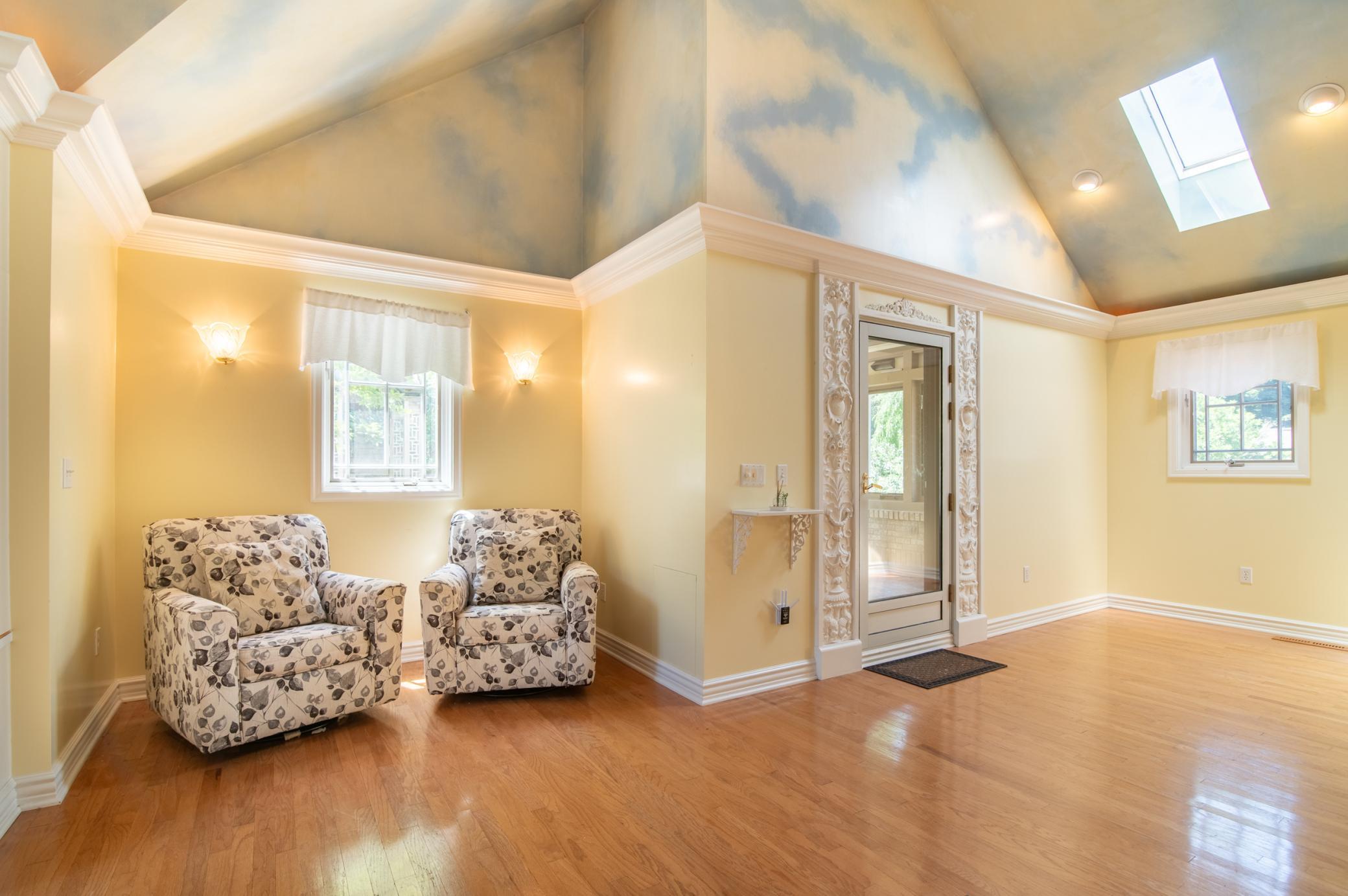 Skylights make this a vibrant space on a sunny day.