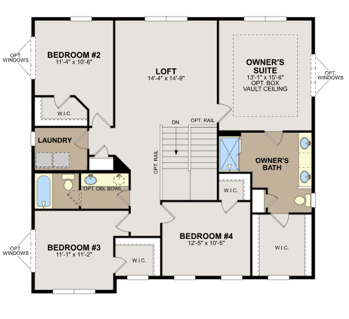 The upper level has four spacious bedrooms including a stylish owner's suite all with walk in closets to go along with a large loft area and upper level laundry room. (artist rendering)