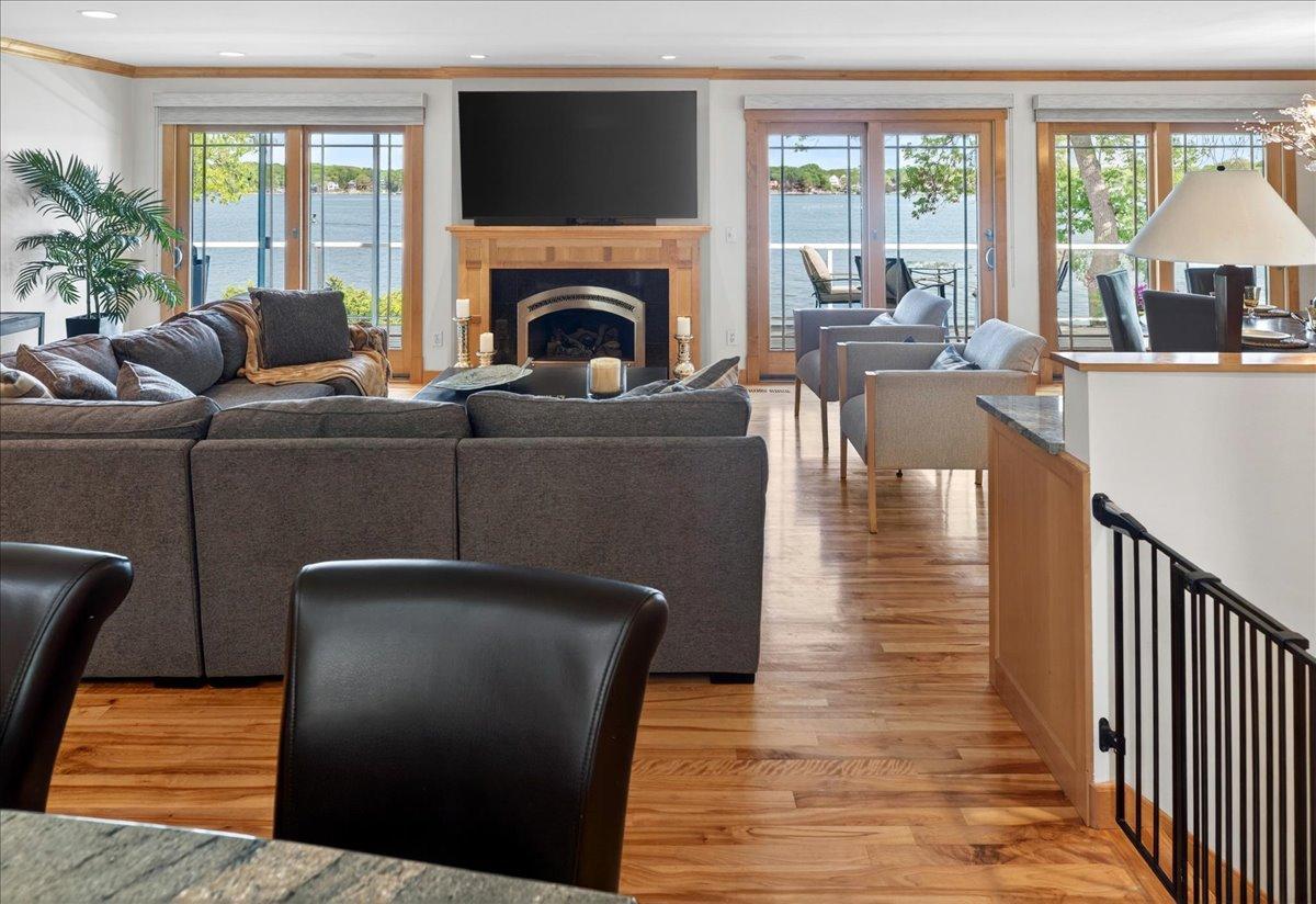 Lake views from the kitchen through an open concept.