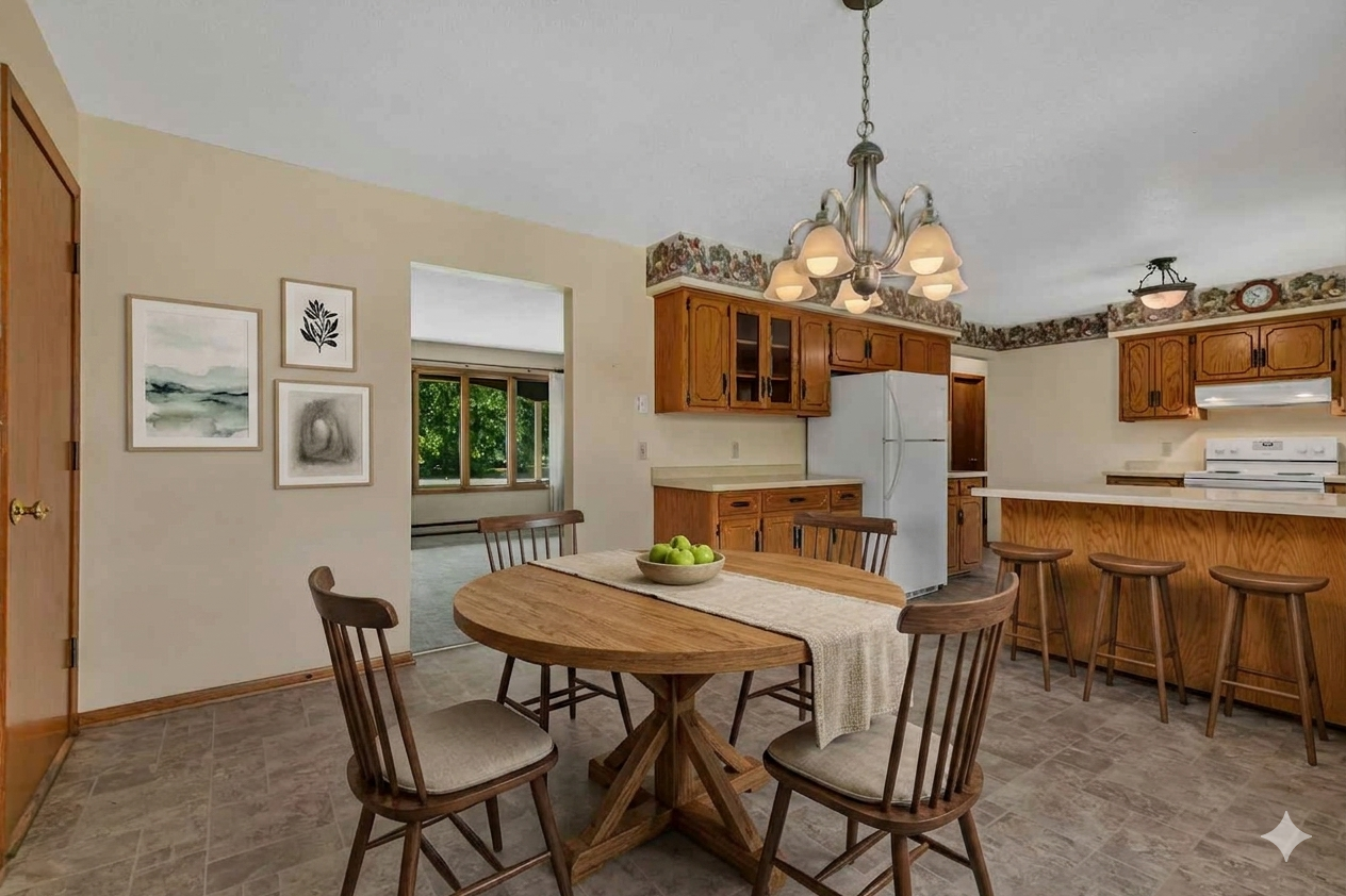 Living room right off the dining and kitchen creates a designated area for each space. Conveinient attached garage access on the left - Easily transport groceries- Virtually staged