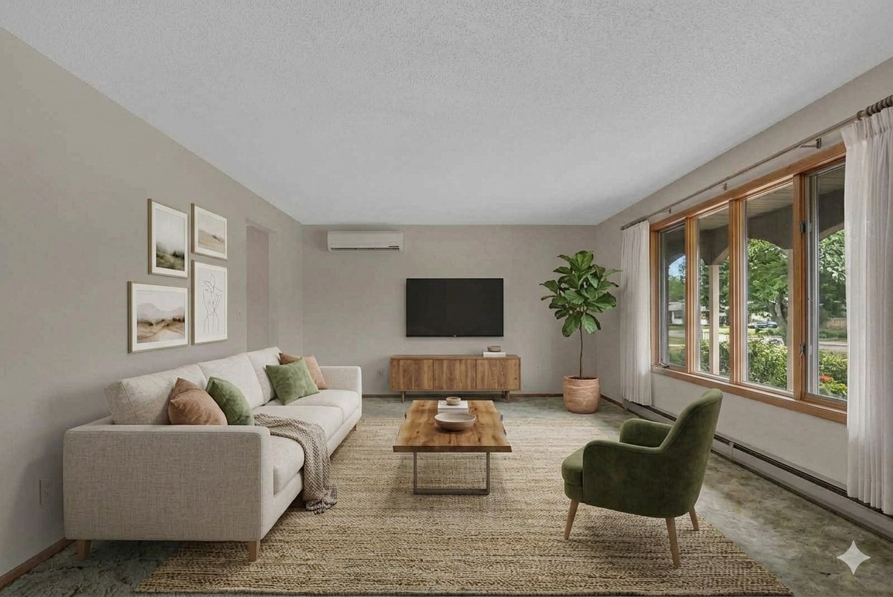 Front living room - the full wall of windows create a bright and relaxing space - virtaully staged