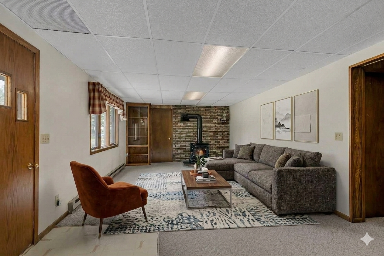 Lower level family room is spacious with electic fireplace-virtually staged