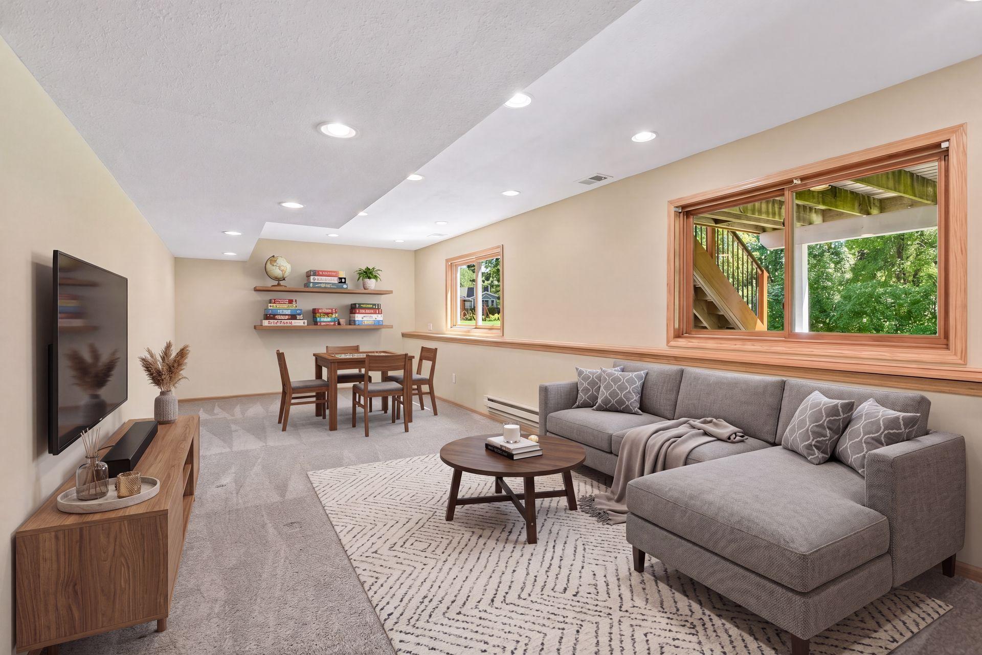 Downstairs entertainment area with plenty of space for hosting watch parties or game night. VIRTUALLY STAGED.