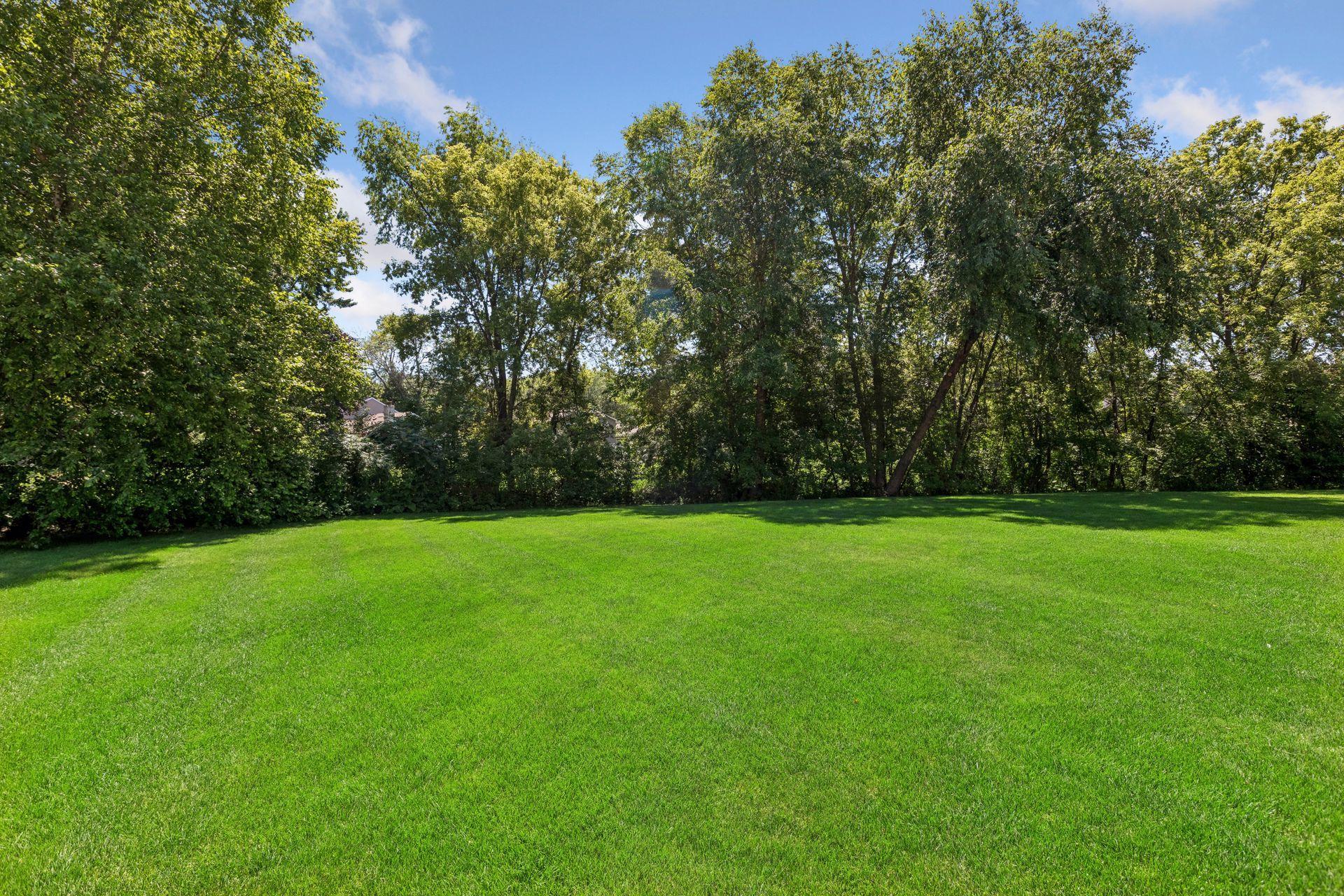 Backyard with sprinkler system and invisible fence for pets.