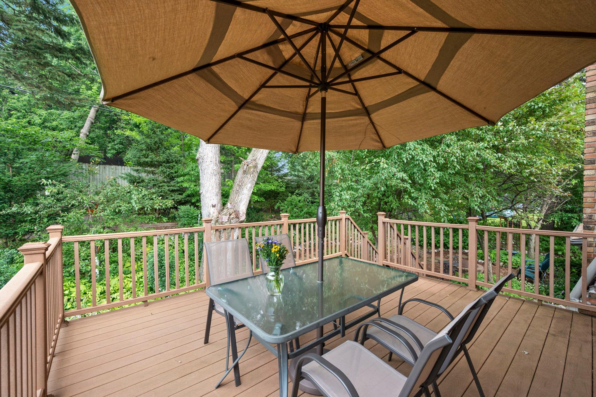 Large maintenance free deck with steps to private backyard