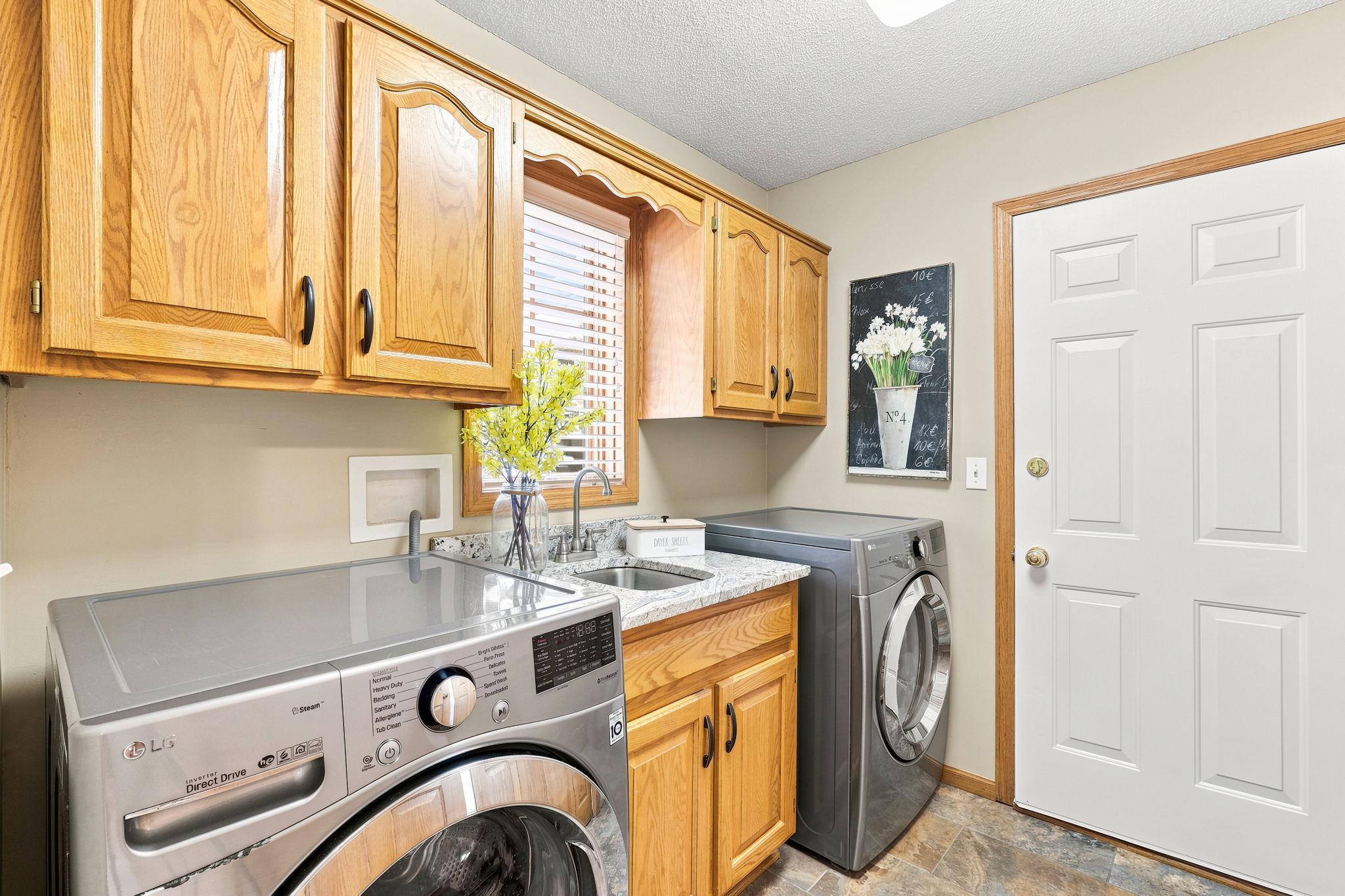 Main level laundry room right off of the garage with ample storage.