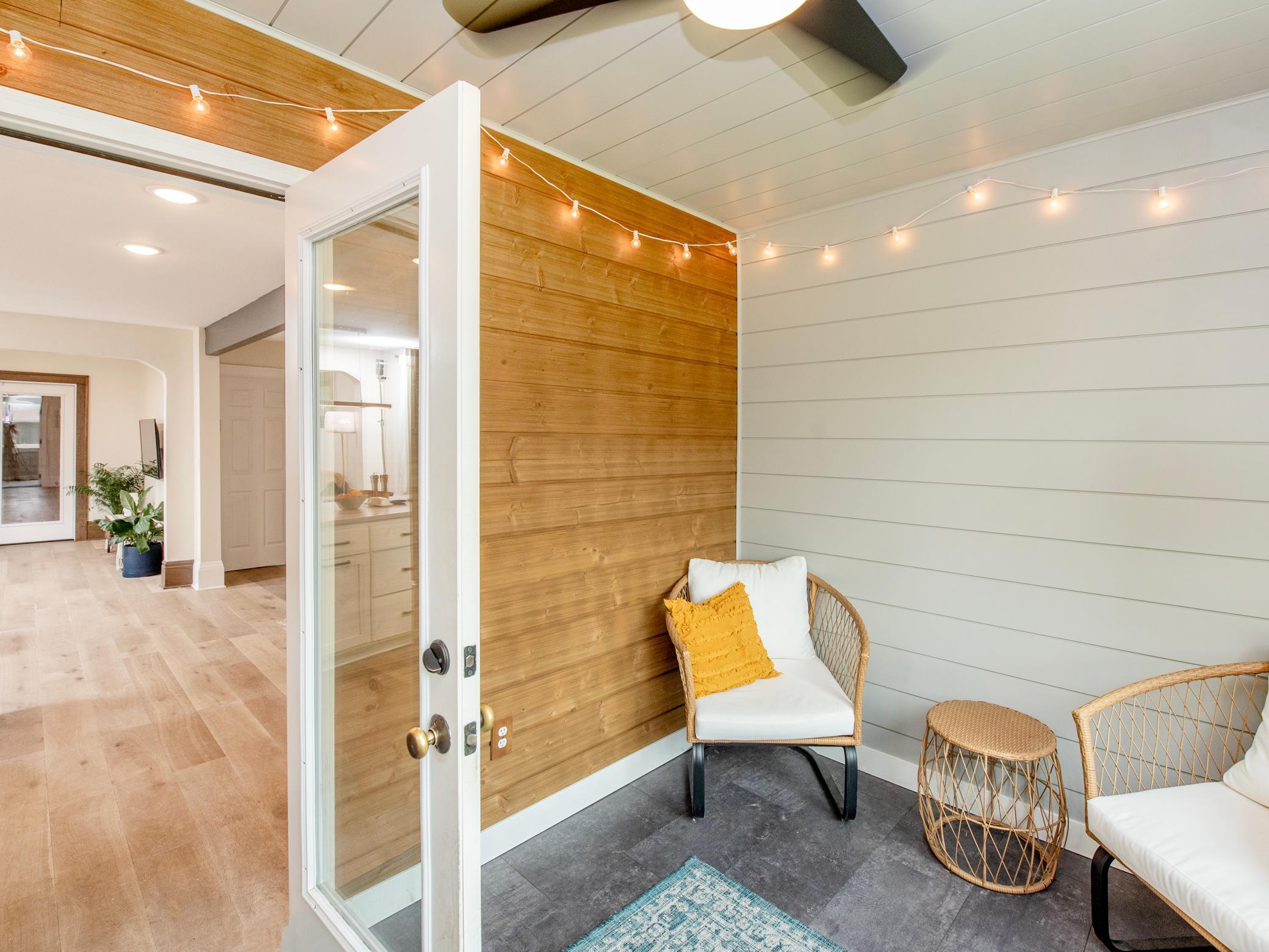 Three season back porch with shiplap
