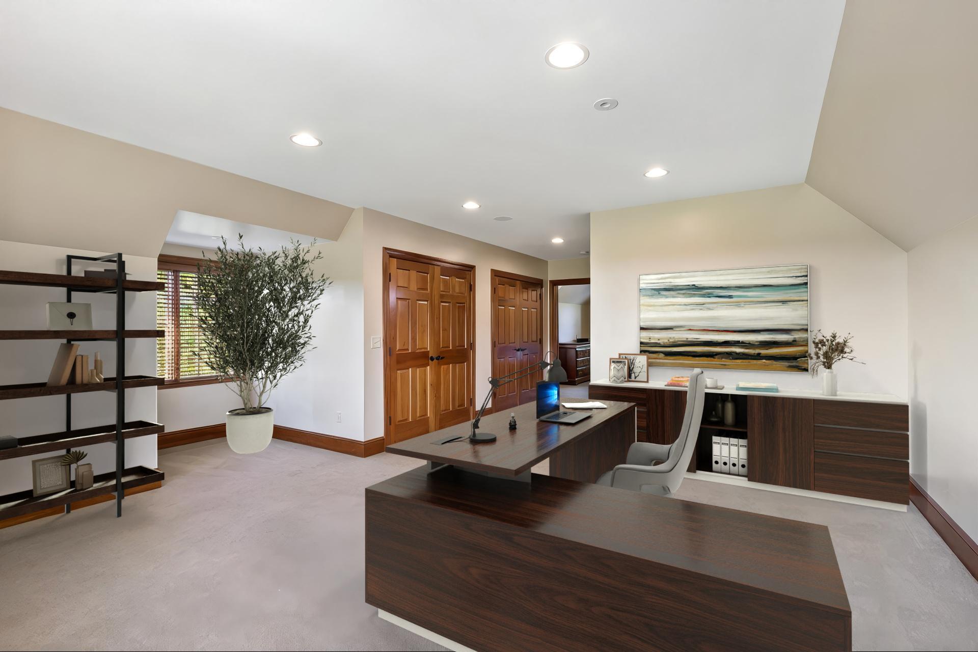 Versatile private living quarters create endless possibilities, from multigenerational living and guest accommodations to a media room, fitness studio, or executive office. Digitally Staged.