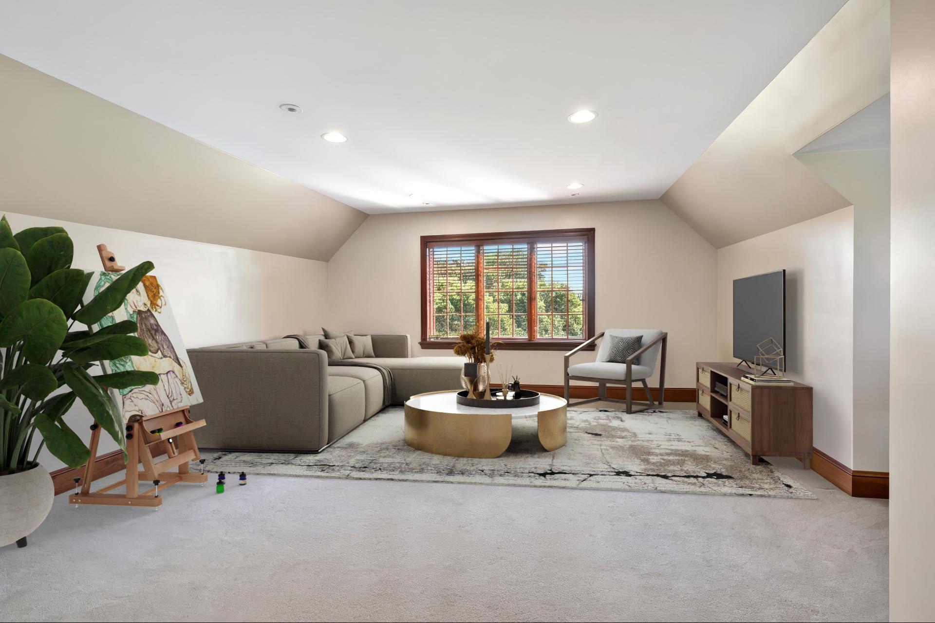 Versatile private suite above the garage offers the opportunity to convert to a full kitchen, creating a private apartment-style retreat for guests, extended family, or independent living. Digitally Staged.