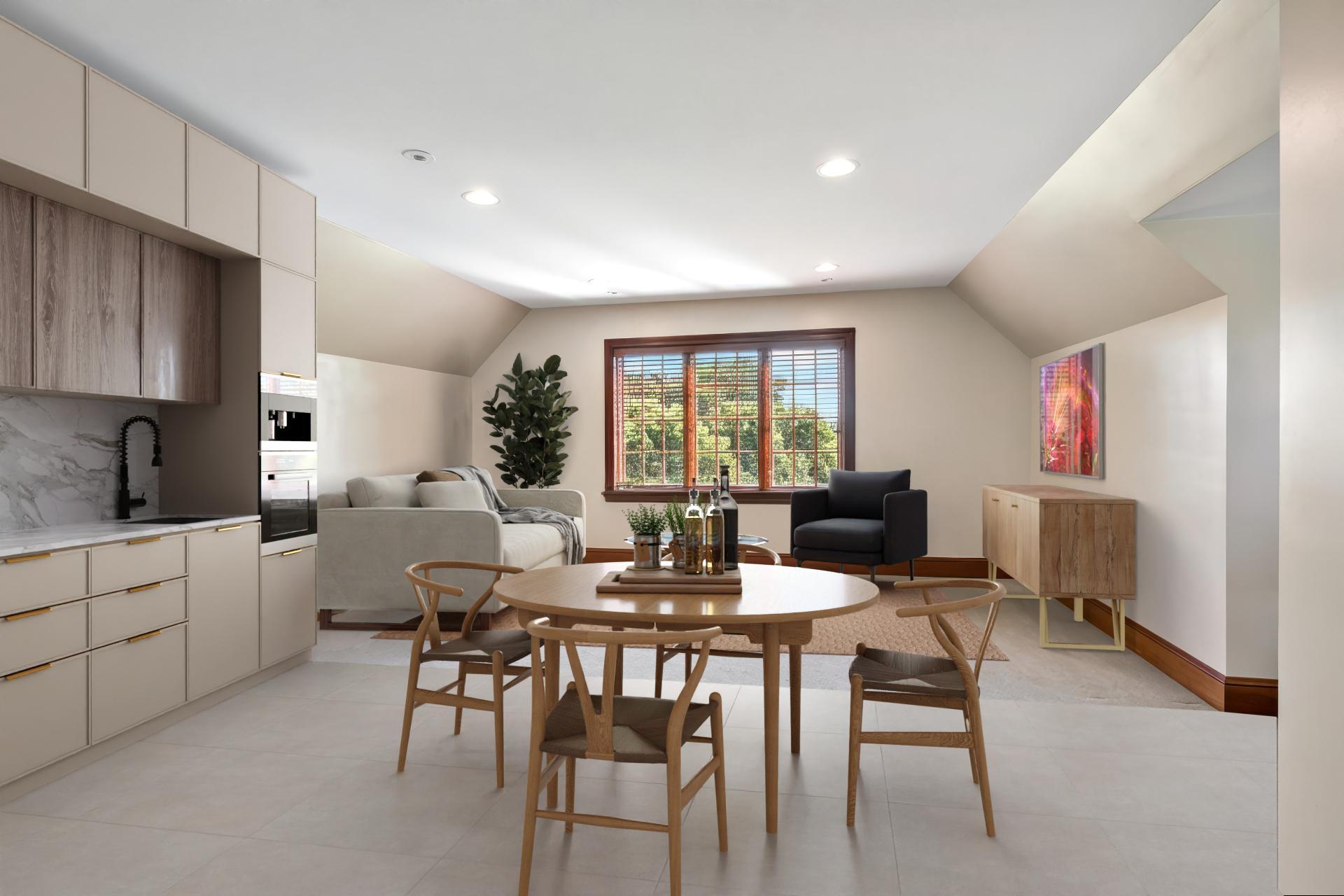Private upper-level living quarters with the potential to add a full kitchen, creating an ideal space for multigenerational living, extended family, or long-term guests. Digitally Staged.