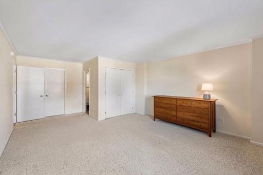 Large primary bedroom with walk-in closet (left), additional closet space (right) and en-suite. Carpet has been "virtually cleaned."