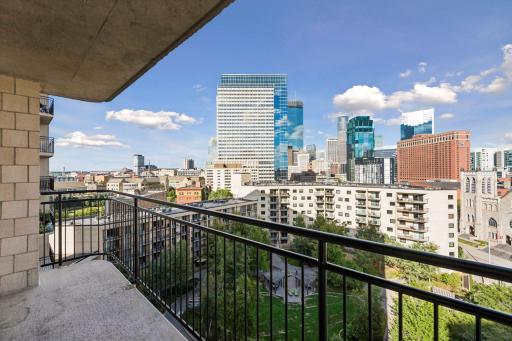 Large balcony off the living room offers stunning views of the downtown Minneapolis skyline.