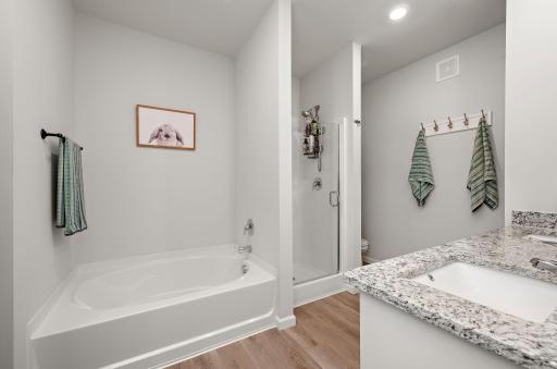 Primary suite with double vanity sink, granite countertops, a large soaker tub, and a separate walk-in shower
