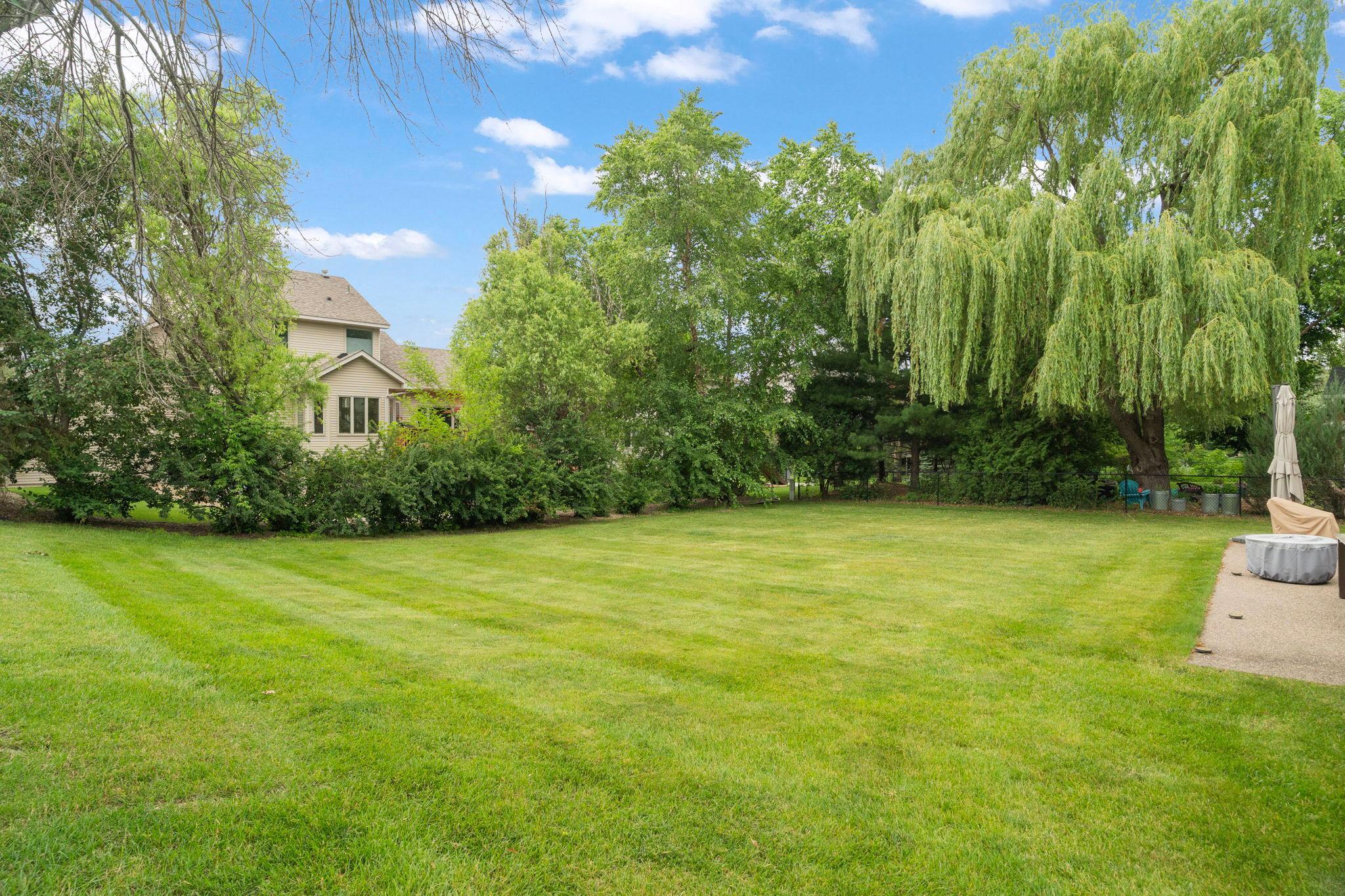 A weeping willow draping the corner. A wide open lawn striped fresh. Room to run, room to breathe, room to do absolutely nothing. This backyard does not ask anything of you.