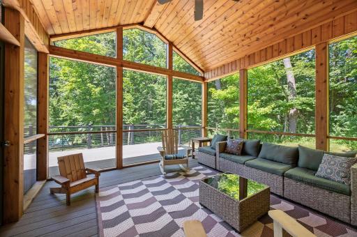 15 x 14, fully screened, 3 season porch with 270 degree views of nature. Imagine watching Fall from here or just listening to it rain while you read.