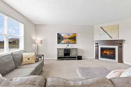 Living room is filled with natural light and features a cozy gas fireplace.