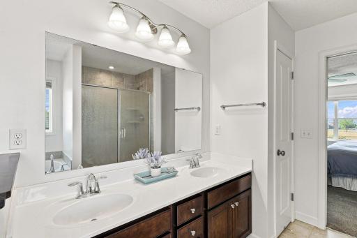 Primary suite with a double vanity and full size linen closet.