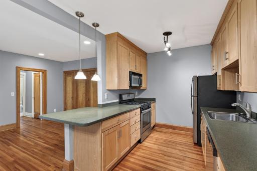 View from the kitchen into the main living space.