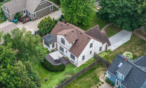 Aerial view of the back of the house and backyard