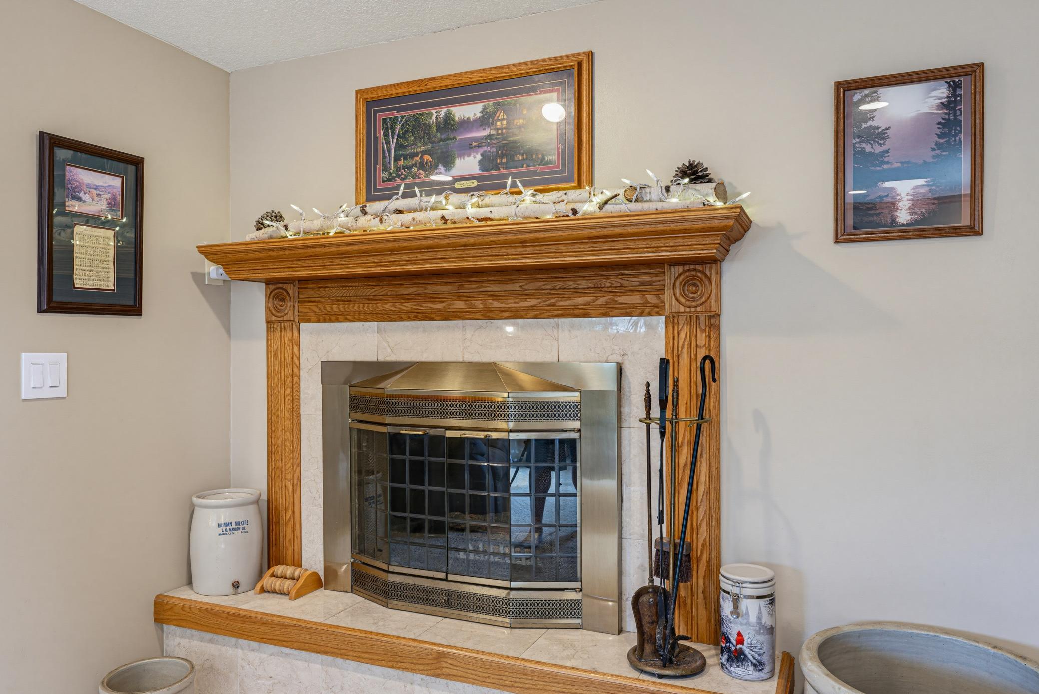 The family room features a wood-burning fireplace.