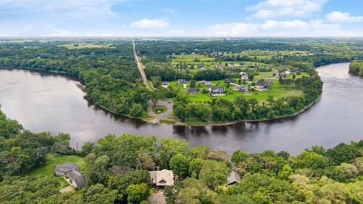 Aerial view of neighborhood and Mississippi River.